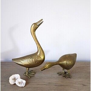 Vtg Brass Geese Figurine Set of 2 Goose Duck Statue Sculpture MCM Nursery Decor